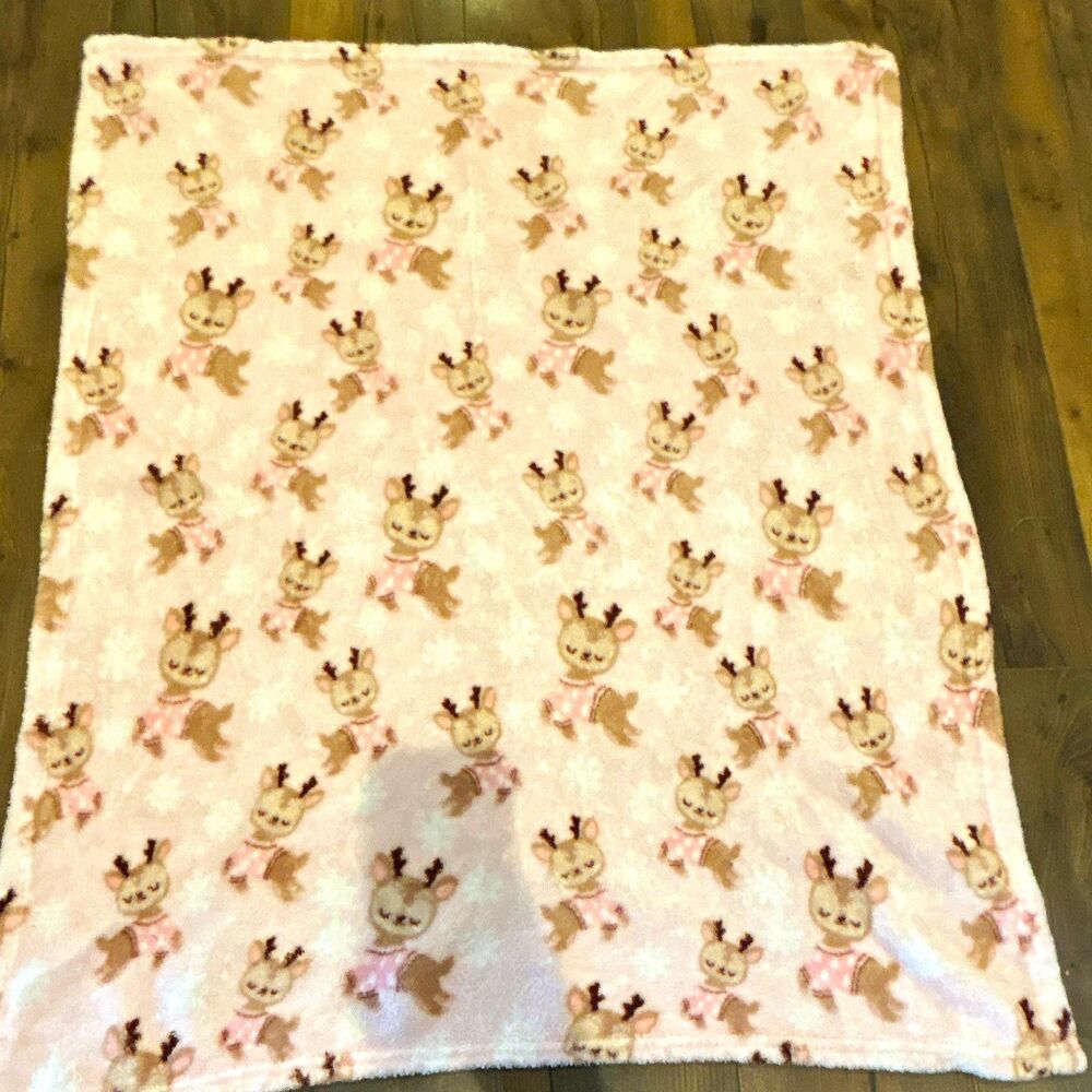 Parent’s Choice Pink Deer Plush Baby Blanket Girls 30x36 Pink White Brown